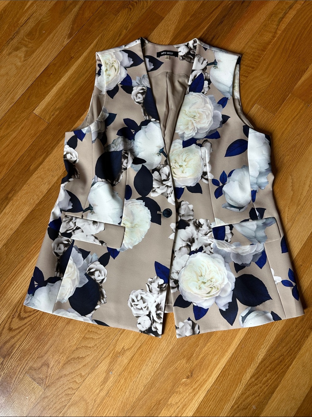 Nine West Floral Sleeveless Blazer Vest - Beige, White & Navy (14)